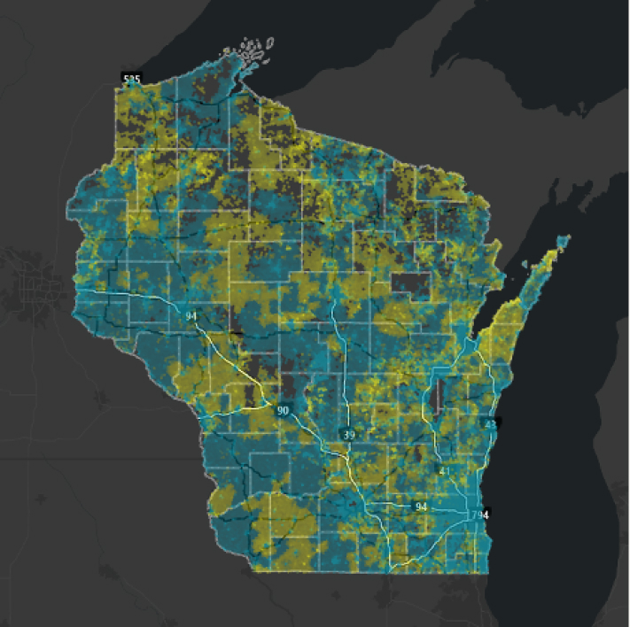 Map of Wisconsin's current Broadband access.