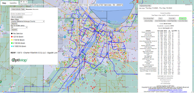 Screenshot from Optimap software broadband speed test tool.