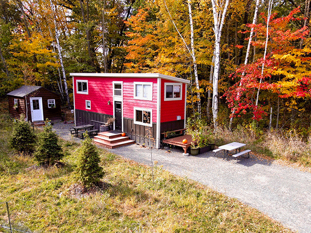 Red home in the Tiny Timber Agrihood